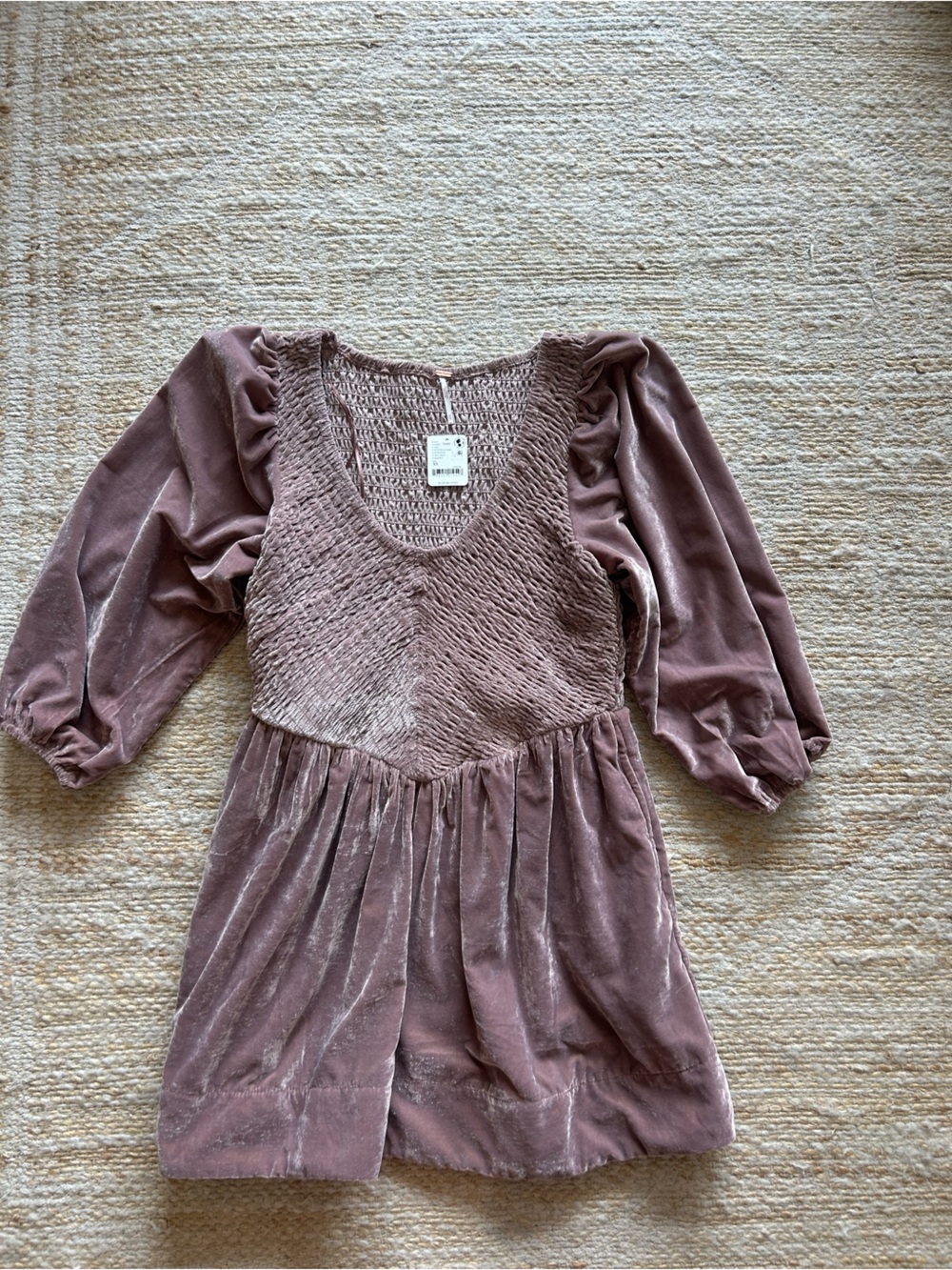 Free People Velvet Smocked Long Sleeve Top in Mauve